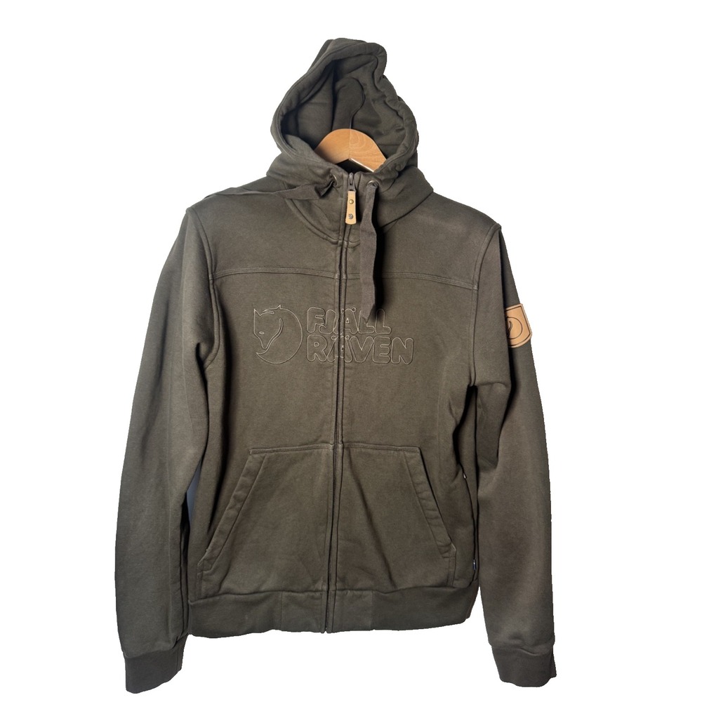 Fjallraven Men's Brown Fleece Hooded Full Zip Hoodie Green Jacket Logo Sz L Rare